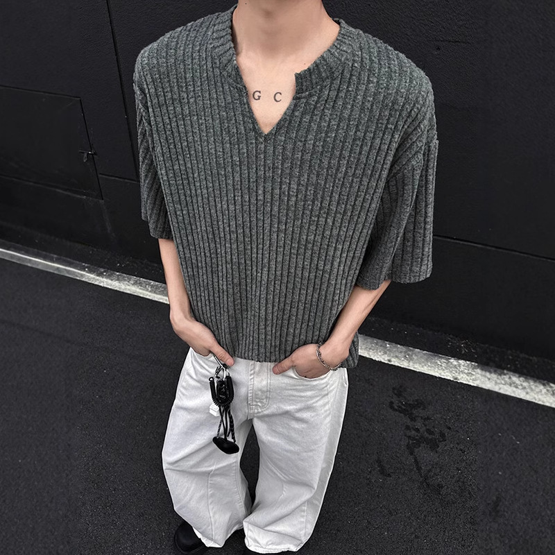 V-neck Designer Short Sleeves Brushed High-end Short Sleeve T-shirt For Men, Summer New Ribbed Five-point Sleeve Cleanfit Textured T-shirt