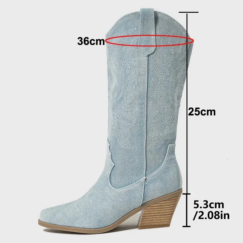 Women Embroidered Western Knight Boots Thick Heel Mid-calf Boots for Office Business Nightclub Party Banquet Zapatos De Mujer 250704