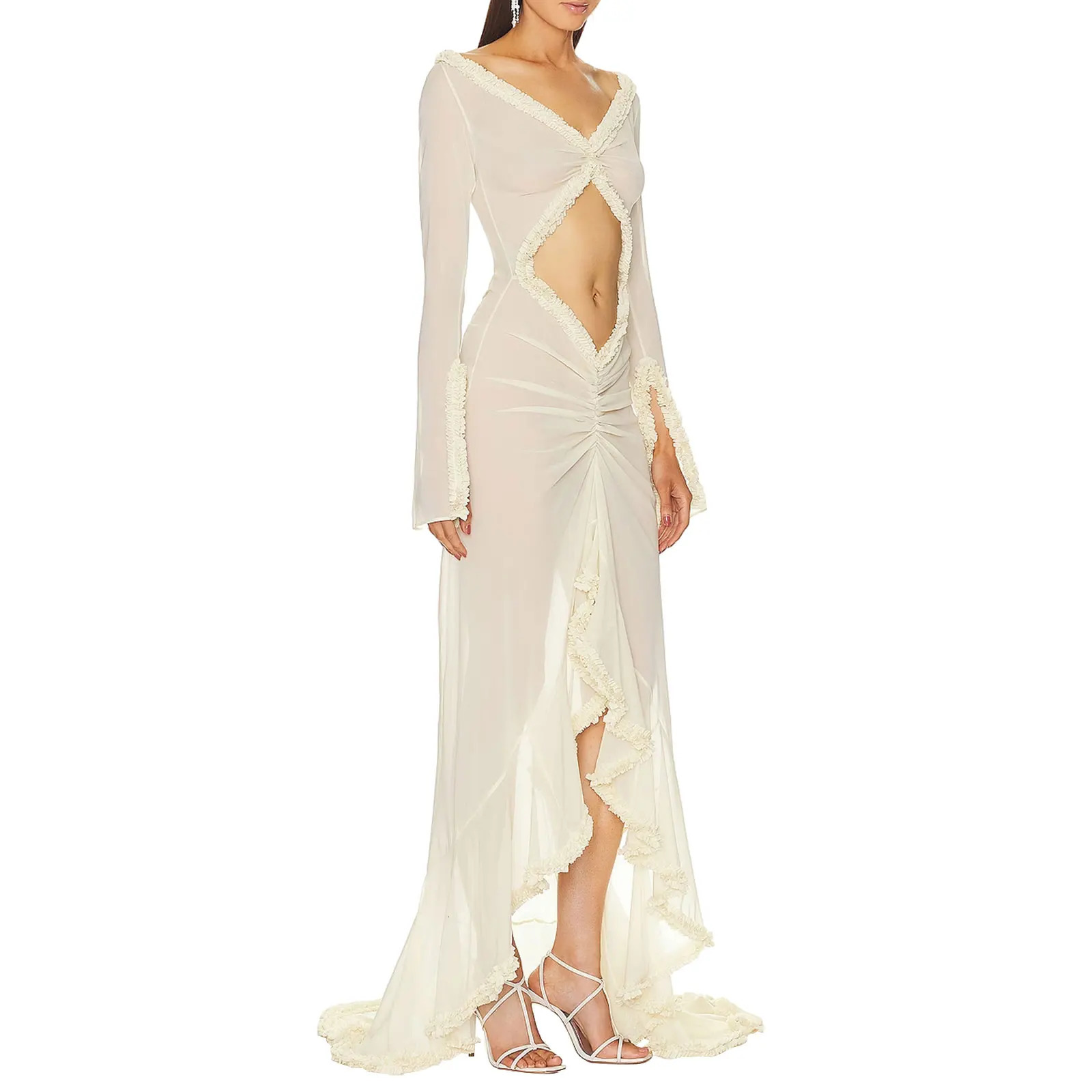 Women's Babydoll Lingerie: Long Sleeve V-Neck Mesh Chemise Nightgown with Frill Trim C260312