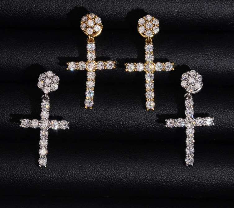 Hot Moissnaite Earring Fine Jewelry 925 Sterling Silver Gold Plated Iced Out VVS Diamond Moissanite Cross Hang Drop Earrings