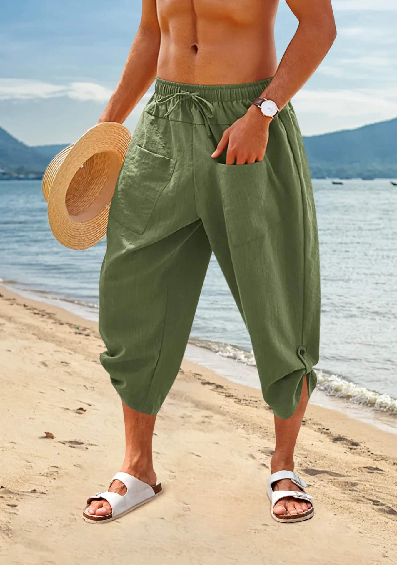 Mens Loose Cotton Linen Pants Large Size Drawstring 34 Shorts Casual Beach Pants Yoga Pants Lightweight Shorts 250704