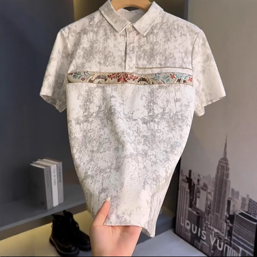 Summer New Starry Sky Tie-dye Embroidery Design Designer Short Sleeves Turn-down Collar Polo Shirt Men's Versatile Casual Slim Fit Short Sleeve T