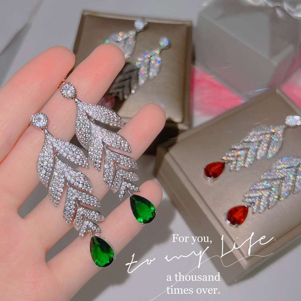 Micro Pave Full Dia Style New Water Colorful Gem Large Leaf Elegant Women's Drop Earrings 953