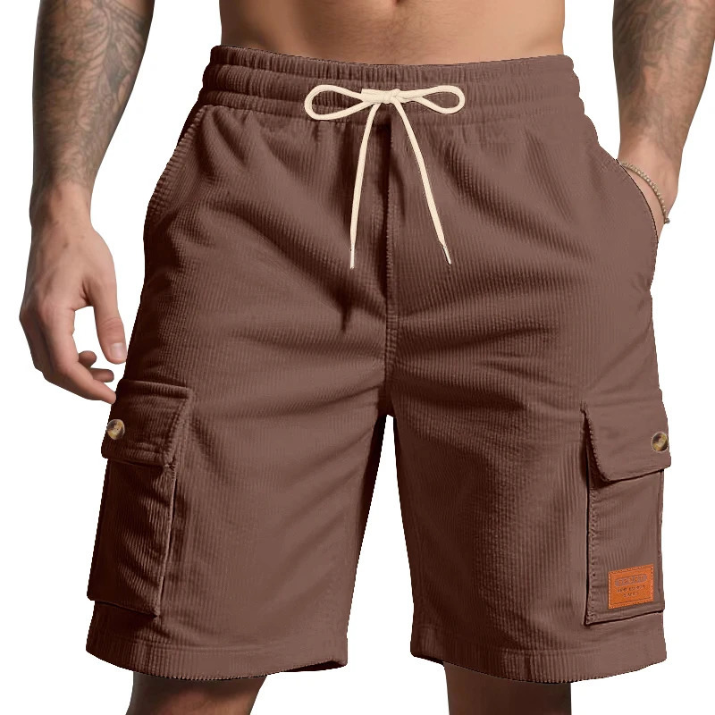 High-Quality Corduroy Solid-Colored Shorts For Men In Summer Casual Shorts With Leather Labels And Trendy Beach Sports Shorts 250704