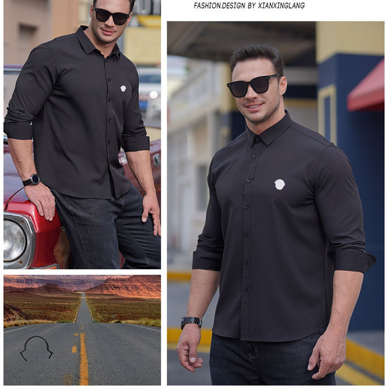 Men's Dress Shirts Business shirt microprojectile slim fit versatile all season four sided elastic non ironing men's long sleeved Ext