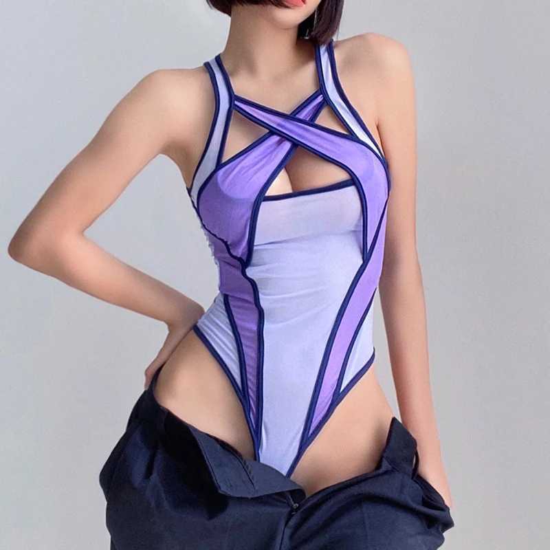 2-Piece Interesting Underwear Sexy Womens Mesh See-through Contrast Color Halterneck Jumpsuit Sexy Underwear Set New W250724