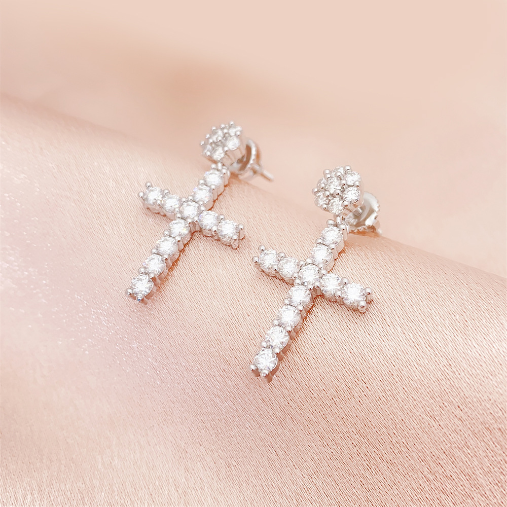 Hot Moissnaite Earring Fine Jewelry 925 Sterling Silver Gold Plated Iced Out VVS Diamond Moissanite Cross Hang Drop Earrings