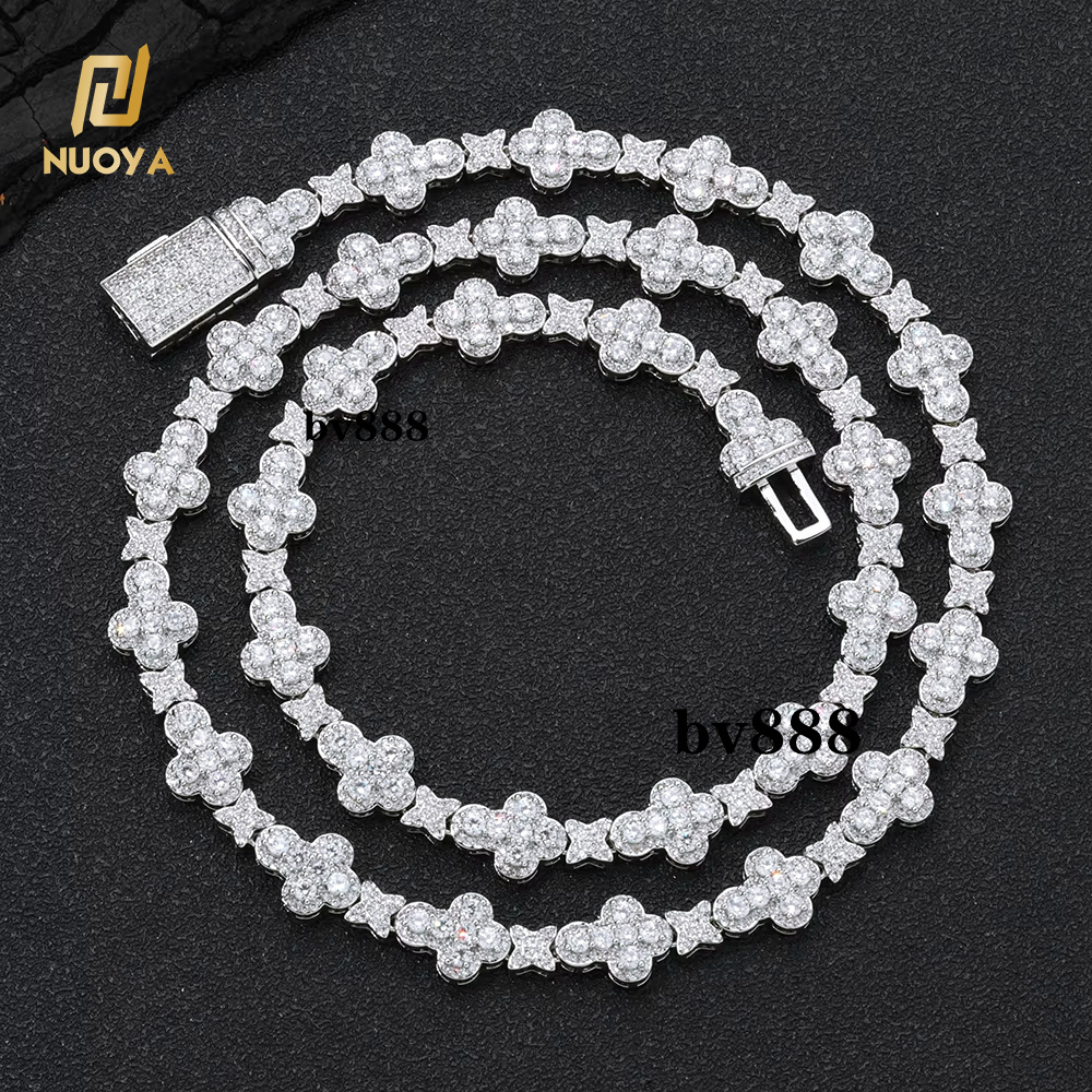 HipHop Iced Out Jewelry New Style Shiny Diamond Cross Link Chain Women Full Pave Moissanite Gold Plated Flower Chain Choker Necklace
