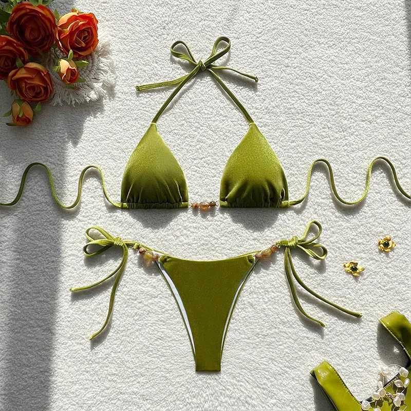Fashion Bead Chain Triangle Bikini Women Slip Swimming Suits 2025 Sexy Bikini Lady Beach Wear Swimwear Female Outfit Clothing XJ250624