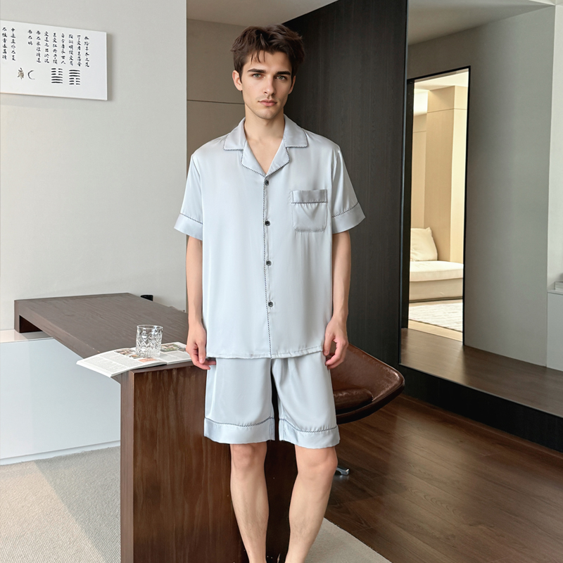 2025 Summer New Arrival Women's Ice Silk Cardigan Nightgown Set Acetate Silk Short-Sleeve Couple's Homewear Cross-Borderwi