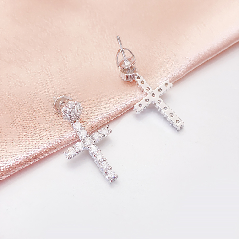 Hot Moissnaite Earring Fine Jewelry 925 Sterling Silver Gold Plated Iced Out VVS Diamond Moissanite Cross Hang Drop Earrings