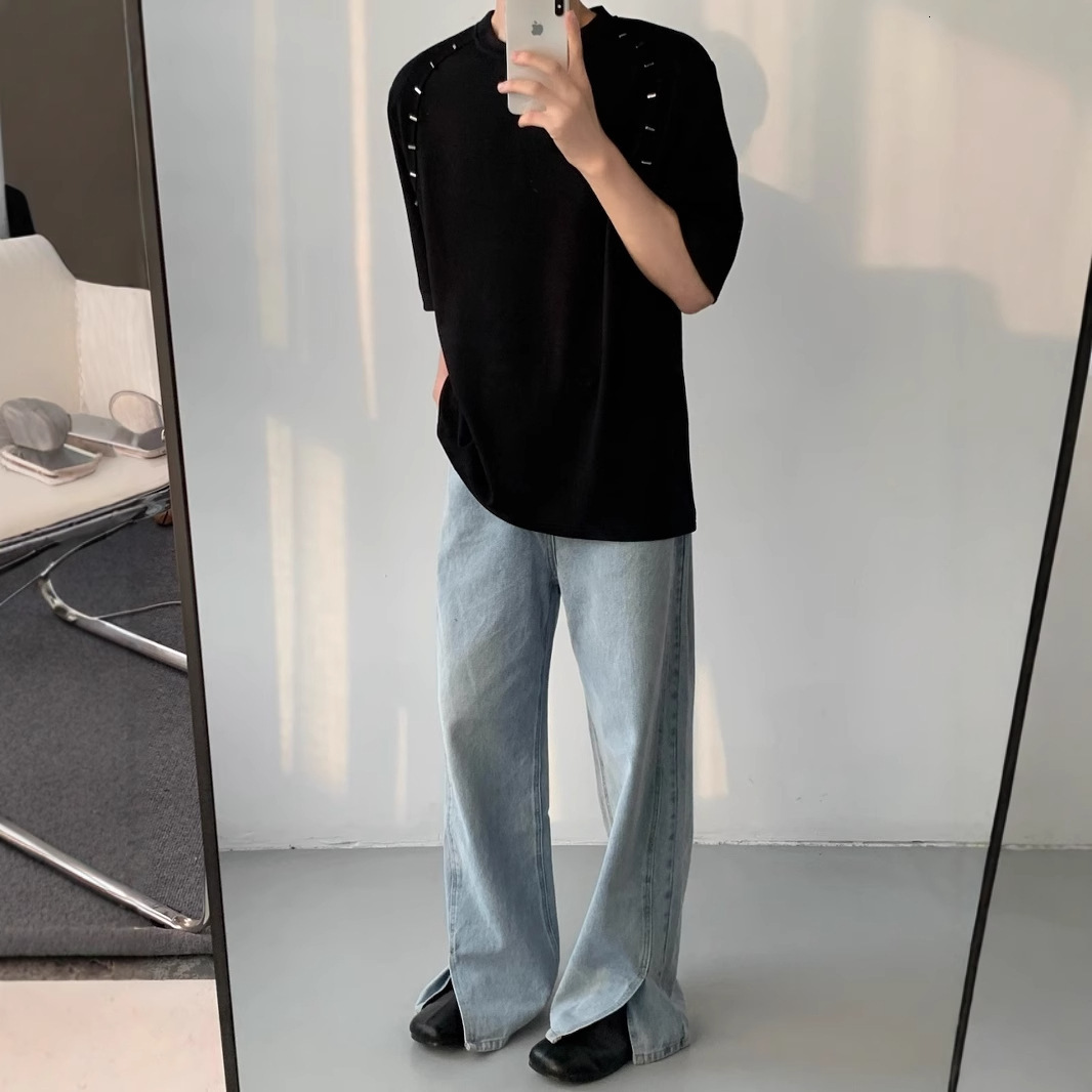 Designer Short Sleeves Summer Korean Version Loose Heavyweight No Shoulder Pad Short Sleeve T-shirt Metal Design Sense Half Sleeve Base Shirt Niche Un
