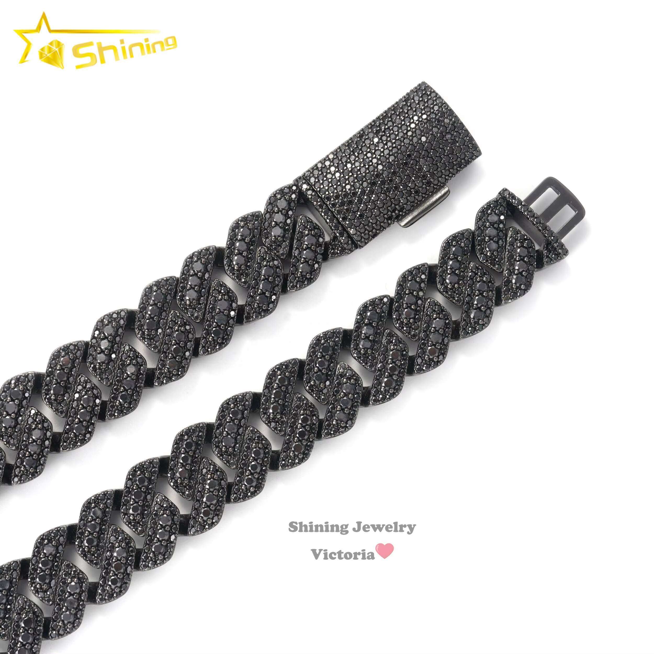 Thickness Big Hiphop Cuban Chain 925 Sterling Silver Black Gold Plated 18mm Moissanite Black Cuban Link Chain