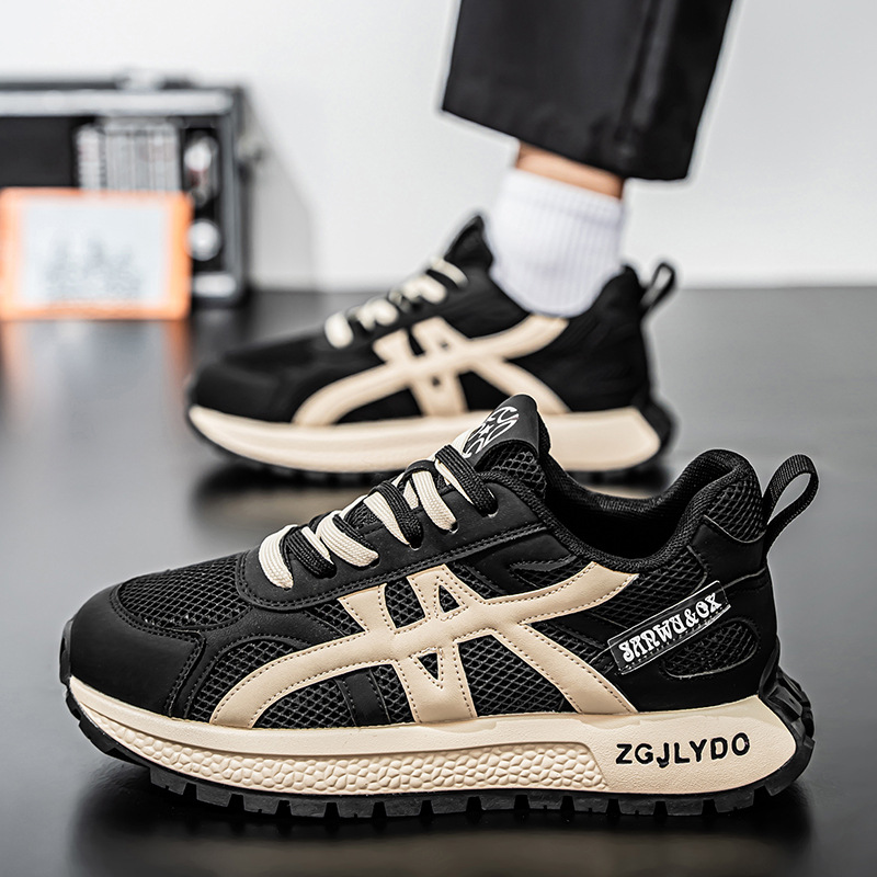 Free shipping 2025 casual shoes men color blocked breathable mesh sports shoes comfortable height increasing dad shoes