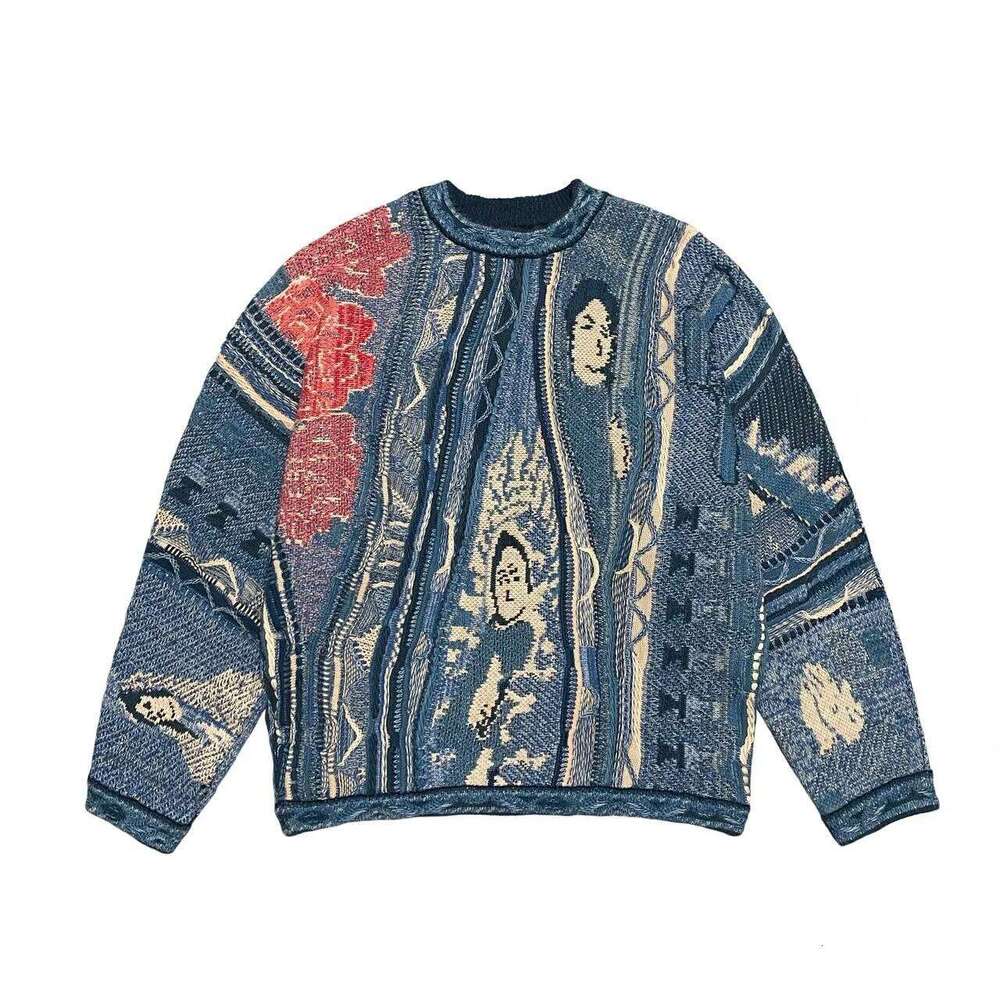 PFNW Men's High Quality Vintage Contrasting Ethnic Style Portrait O-Neck Pullover Sweater Jacquard Big Size Knitted Tops 12C1515 250701 250701