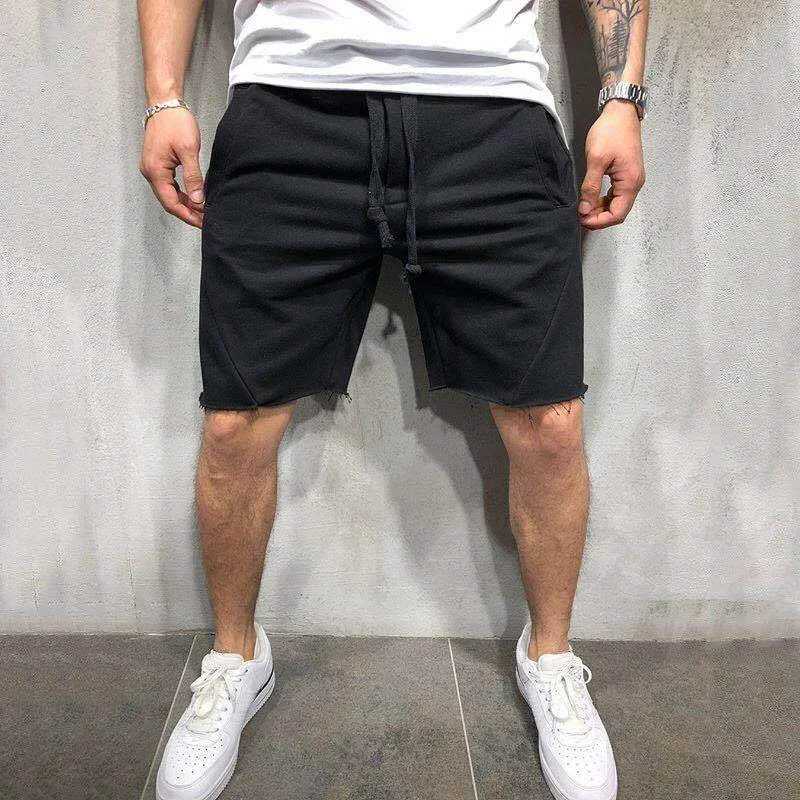 Mens Solid Color Frayed Hem Drawstring Shorts Hip Hop Streetwear Male Gyms Fitness Short Sweatpants Joggers Sportswear Shorts W250705