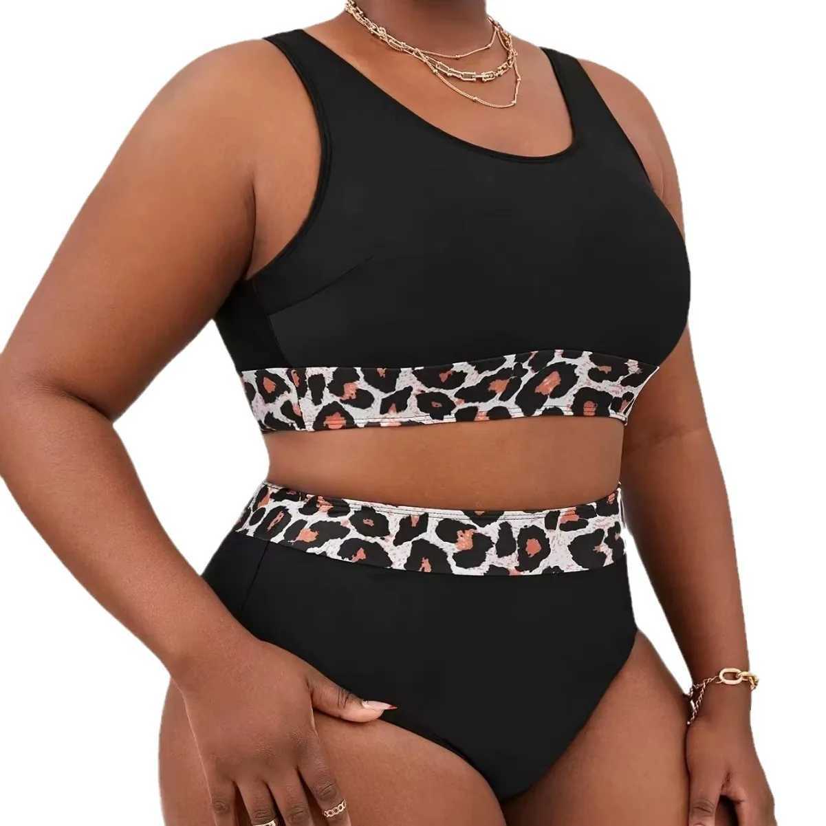 Plus Size 4XL Leopard Print Bikini Set Black Two-Piece High Waisted Swimsuit for Women Tummy Control Bathing Suit Swimsuit XJ250624