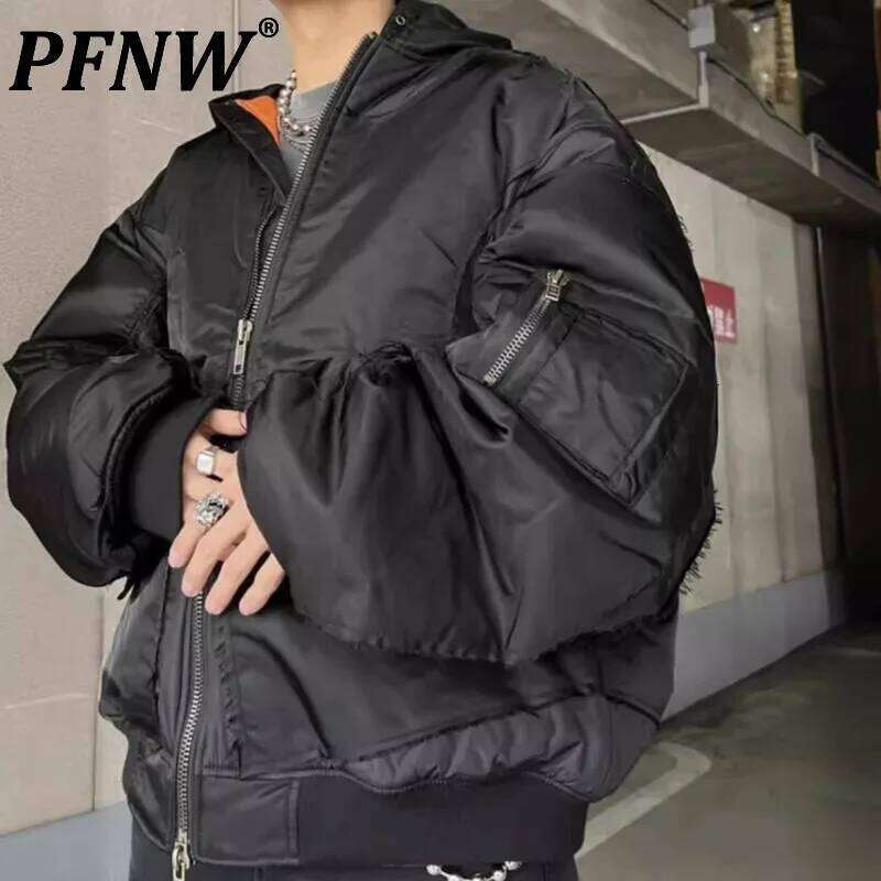 PFNW Winter New Black Cotton-Padded High Street Fashion Hooded Pocket Niche Design Cotton Jacket With Multiple Zippers 12C1161 250701 250701