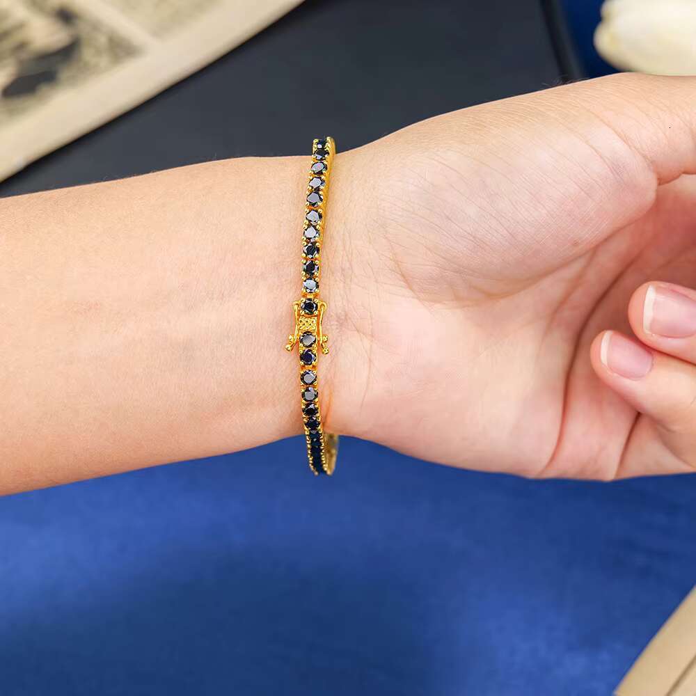 Wholesale Hiphop Jewelry 925 Sterling Silver Yellow Gold Plated Round Shape Black Moissanite Diamond Tennis Link Chain Bracelet