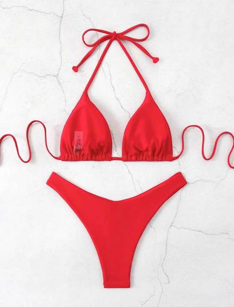 Women Red/Black/White/Coffee Bikini Padded Sexy Halter Bikini Two-Piece Set With Drawstring Straps Brazilian Bathing Suit 2025XJ250624