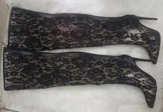 Summer Woman Black Blue Red Lace Clear PVC Air Mesh Pointed Toe 10 12 CM Thin Heels Over The Knee Boots Female Sexy Thigh Boots 250704