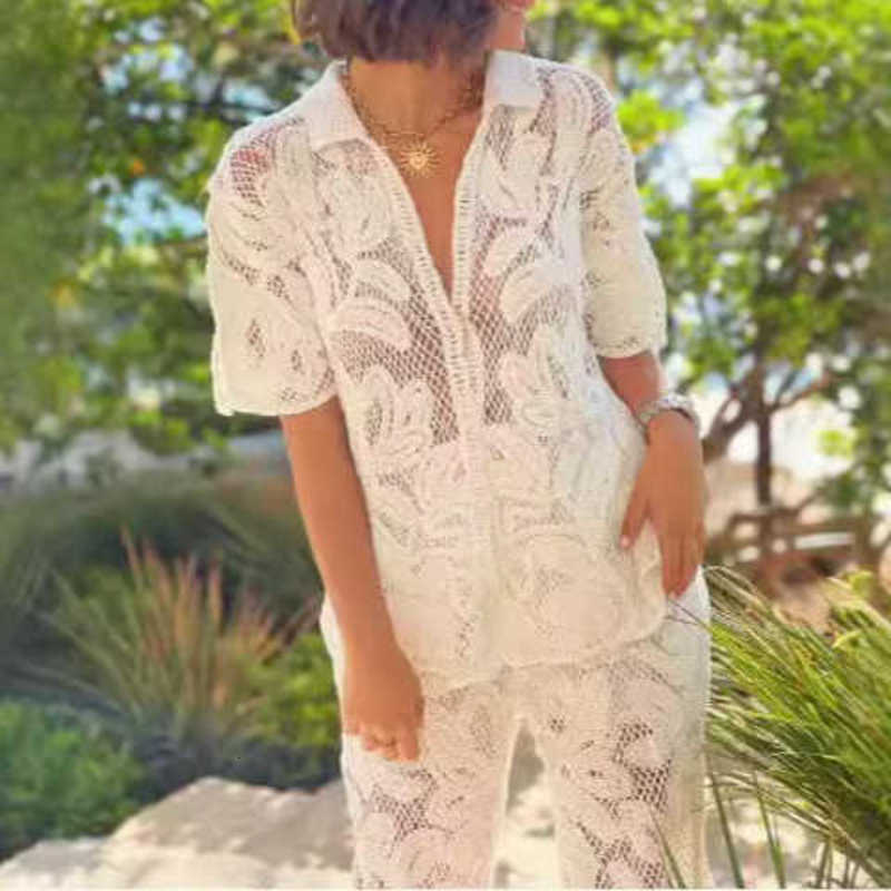 Fashion Evening Dress Summer New and Style Casual Lapel Hollow Out Top and Pants Set