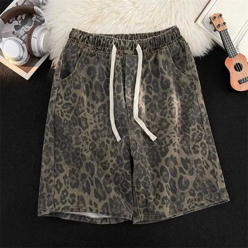 American Retro Leopard Print Casual Shorts Men Trendy Hip-Hop Street Loose Straight-leg Fifth Jeans Drawstring Pocket Shorts W250705