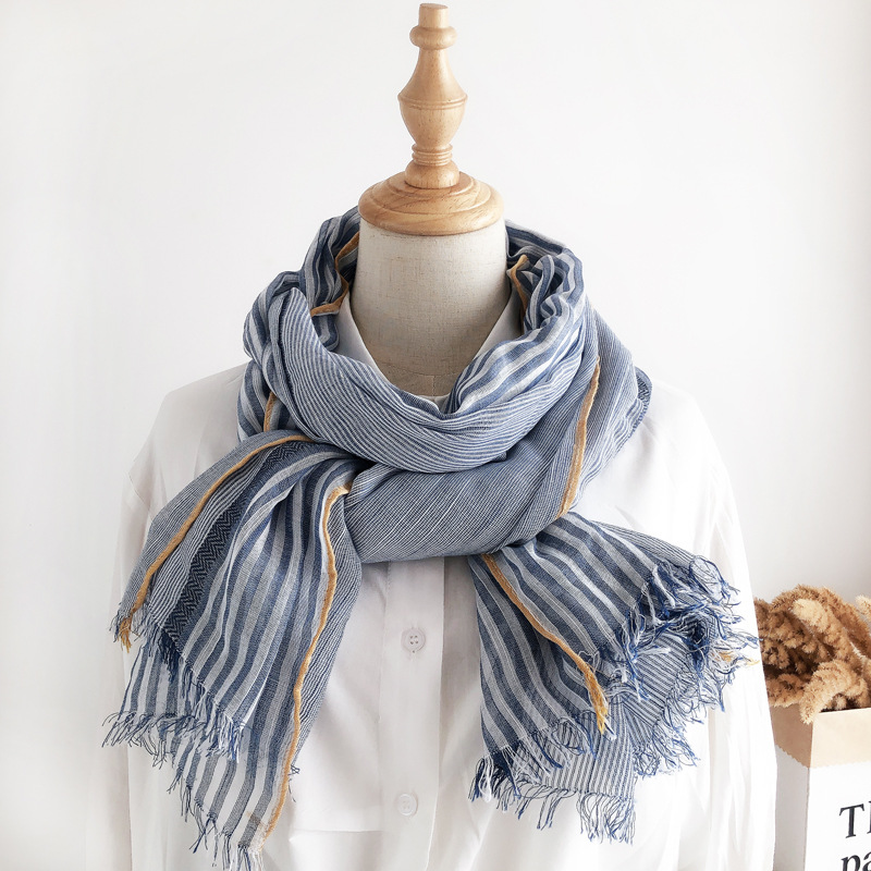 K1245 Scarf women's spring and autumn thin forest color matching striped shawl Korean style versatile Japanese style literary retro fashion new s