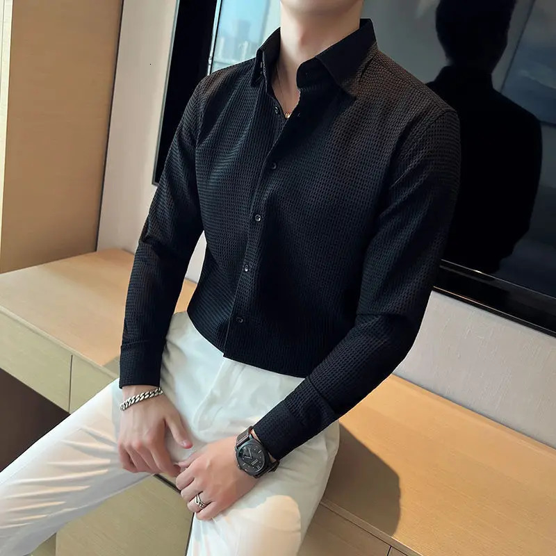 Waffle Spring Autumn Mens Shirt Casual and Slim Long Sleeve Solid Polo Neck Shirt Non Iron Wrinkle Resistant Business Tops 250704
