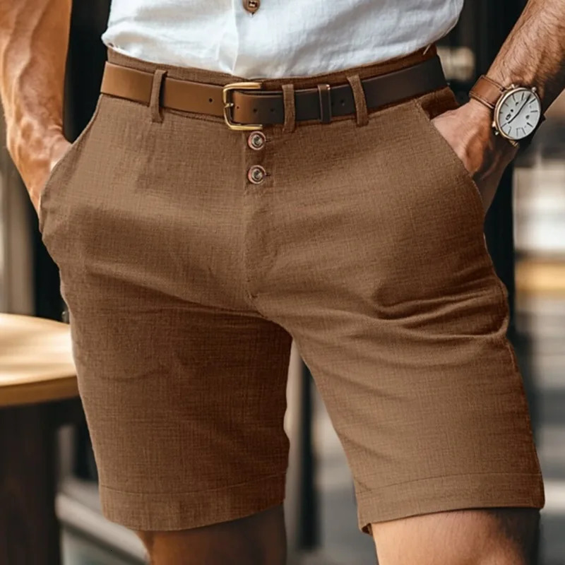 Mens Linen Summer Solid Color Button Casual Daily Breathable Straight Five-point Shorts 250704