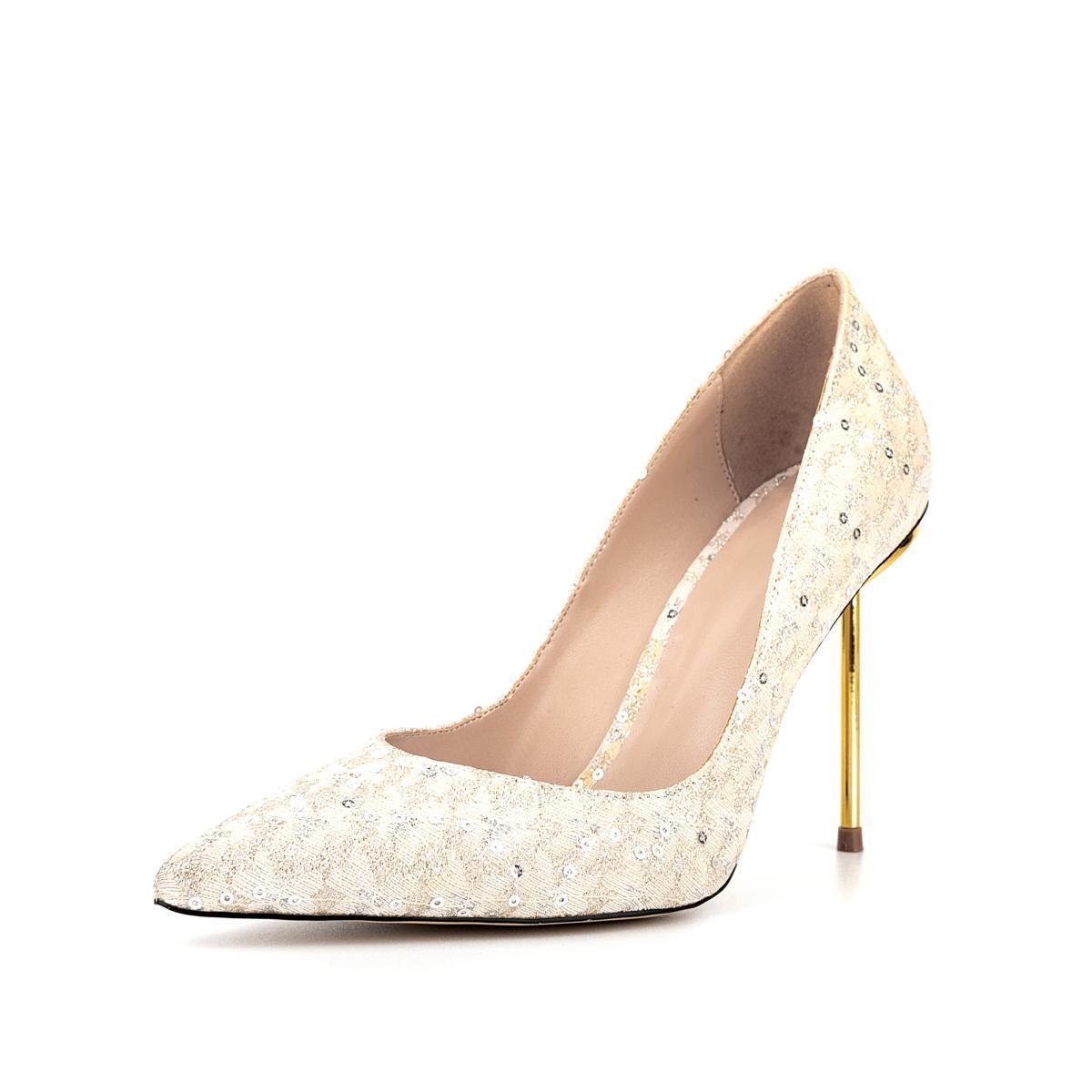 Sparkle Stiletto Pumps - Handmade Pointed Toe Dress Shoes with Glitter Fabric and Metal Heel XJ26309