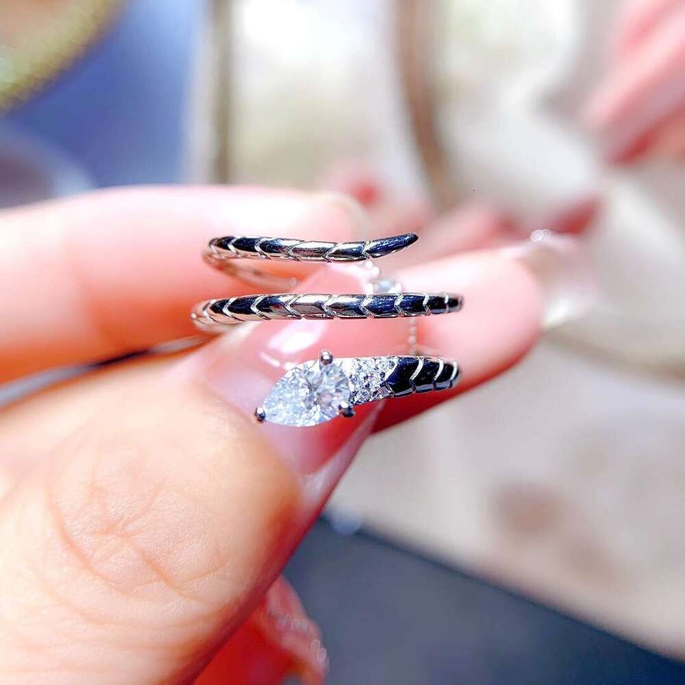 New Luxury Imitation Moissanite Water Drop for Women, Ring, Fashionable and Unique Versatile Wrapped Snake Open Ring a48