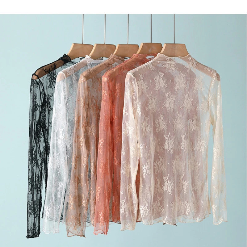 Trendy Sexy Women Mesh T-Shirts Transparent Lace Blouse Long Sleeve See Through Tops for Women O Neck Sheer Tees Body Crop Top 250702