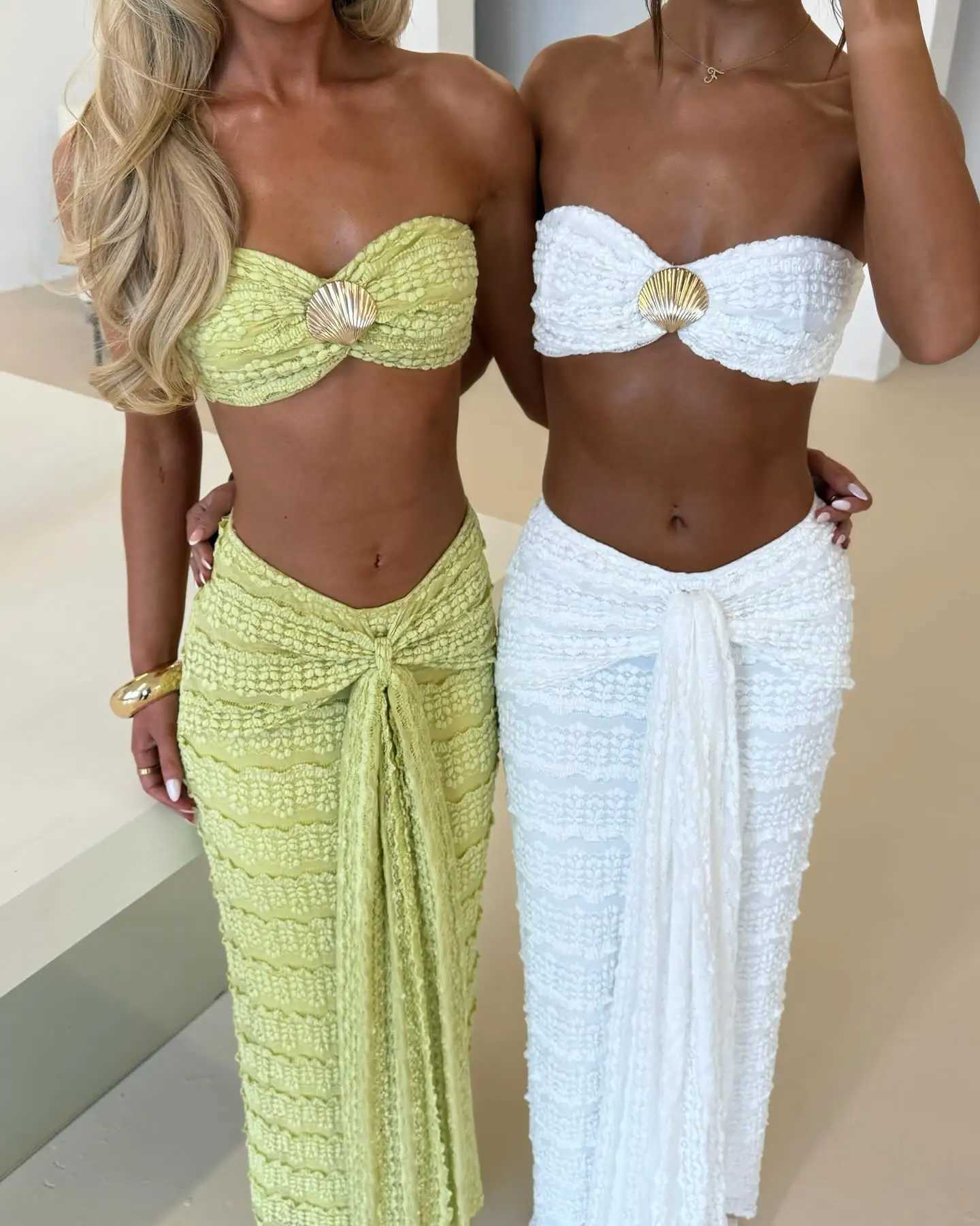 2025 Fashion Lace Off Shoulder Bikini And Skirt Women Swimsuit Sexy Biquini Lady 3Pcs Set Swimwear Female Beachwear Outfits XJ250624