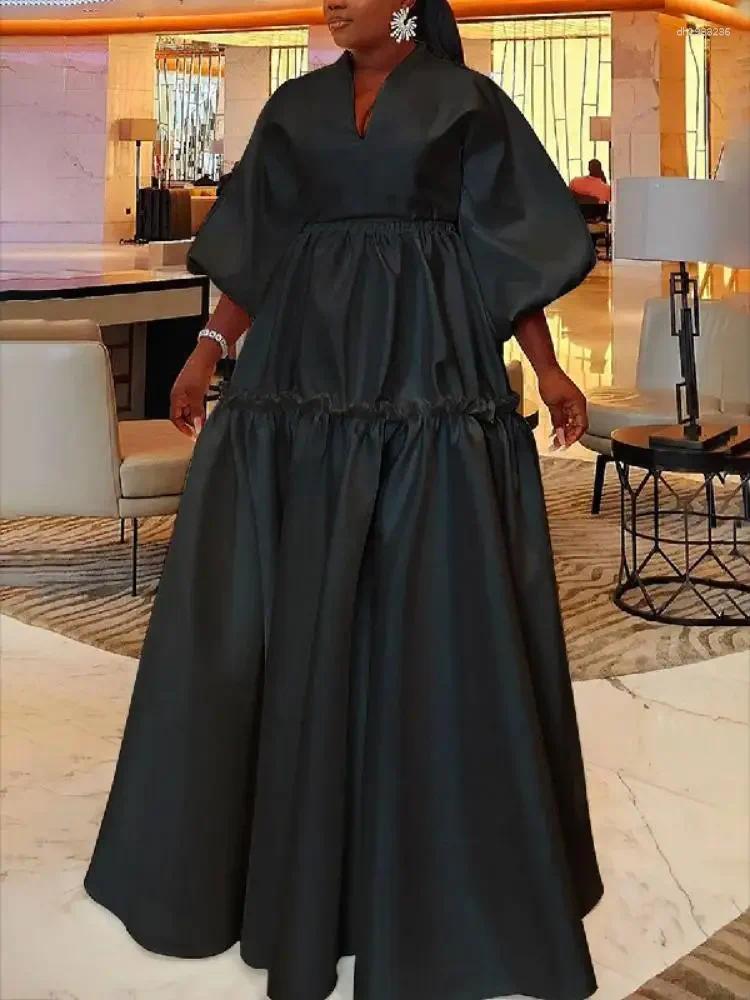 Casual Dresses Women Minimalist Solid Color Sleeves Falbala Party Evening Dress Spring Autumn Loose Date Night Styling Maxi Plus Sizes 5XL