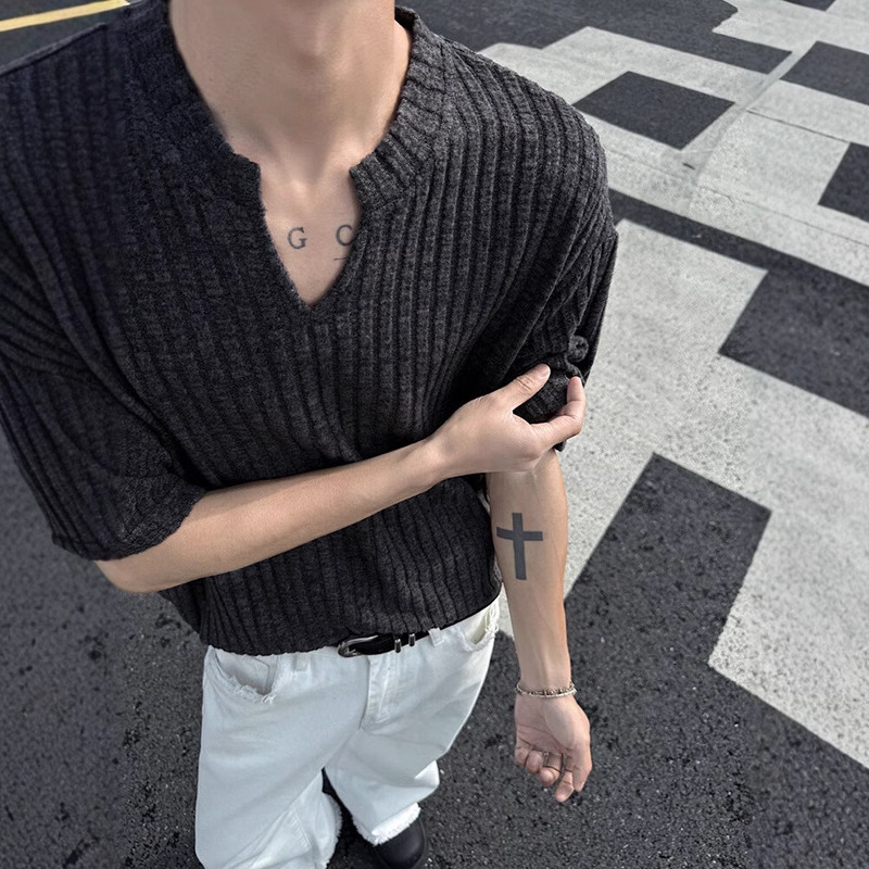 V-neck Designer Short Sleeves Brushed High-end Short Sleeve T-shirt For Men, Summer New Ribbed Five-point Sleeve Cleanfit Textured T-shirt