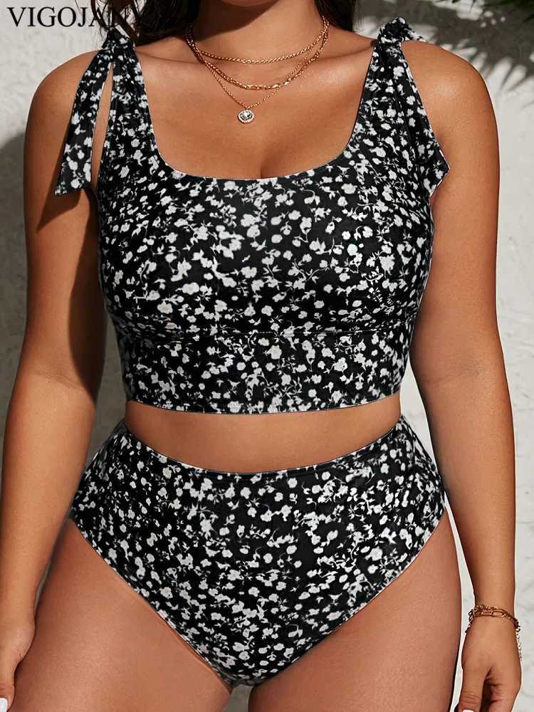 VigoJany 2025 Lady Print 2 Piece Plus Size Bikini Set Women Tied Strapped Push UP Swimsuit High Waist Beach Chubby Bathing Suit XJ250624