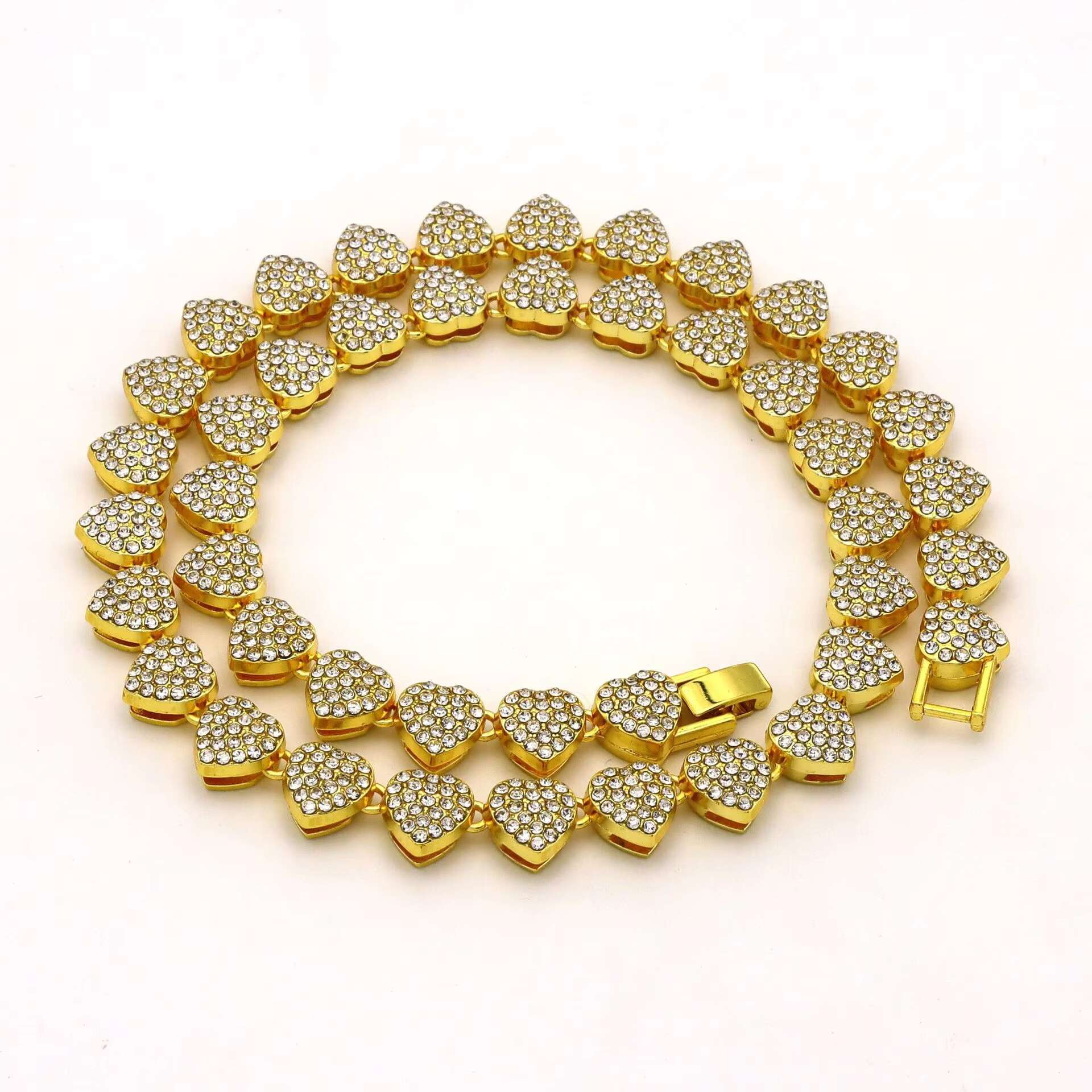 Double Layered Diamond Inlaid Alloy Rhinestone Women Vintage Heart Iced Out Gold 10mm Cuban Link Chain 10mm Necklace