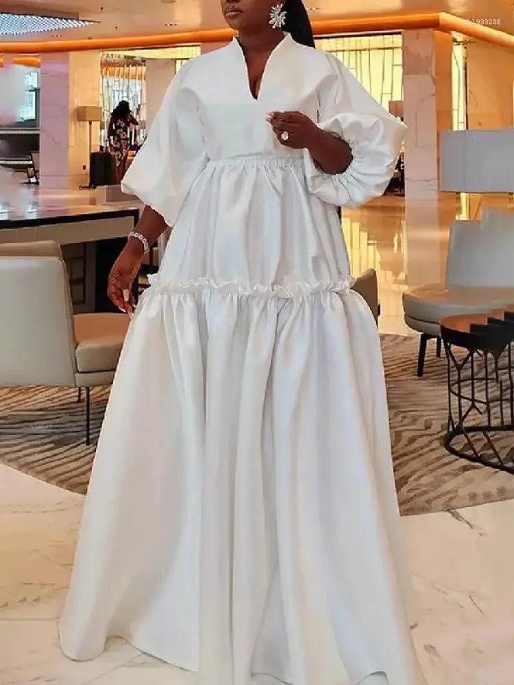 Casual Dresses Women Minimalist Solid Color Sleeves Falbala Party Evening Dress Spring Autumn Loose Date Night Styling Maxi Plus Sizes 5XL