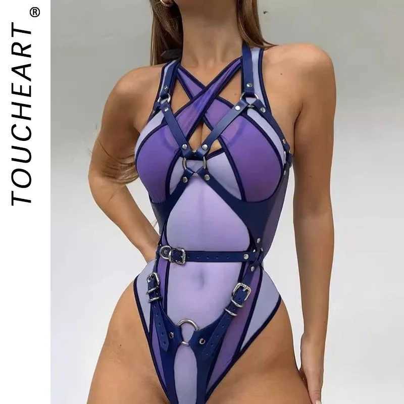 2-Piece Interesting Underwear Sexy Womens Mesh See-through Contrast Color Halterneck Jumpsuit Sexy Underwear Set New W250724