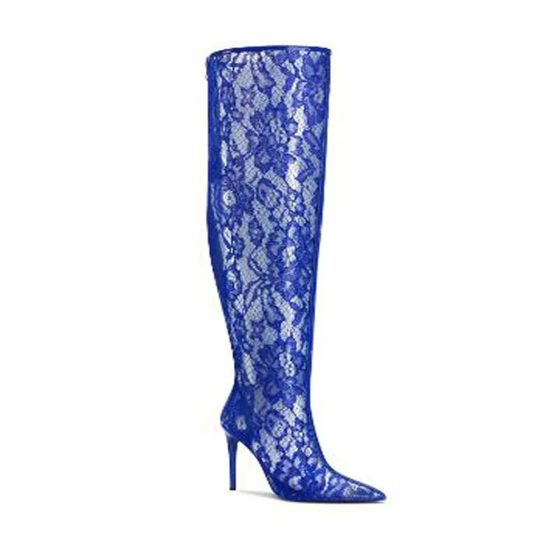 Summer Woman Black Blue Red Lace Clear PVC Air Mesh Pointed Toe 10 12 CM Thin Heels Over The Knee Boots Female Sexy Thigh Boots 250704