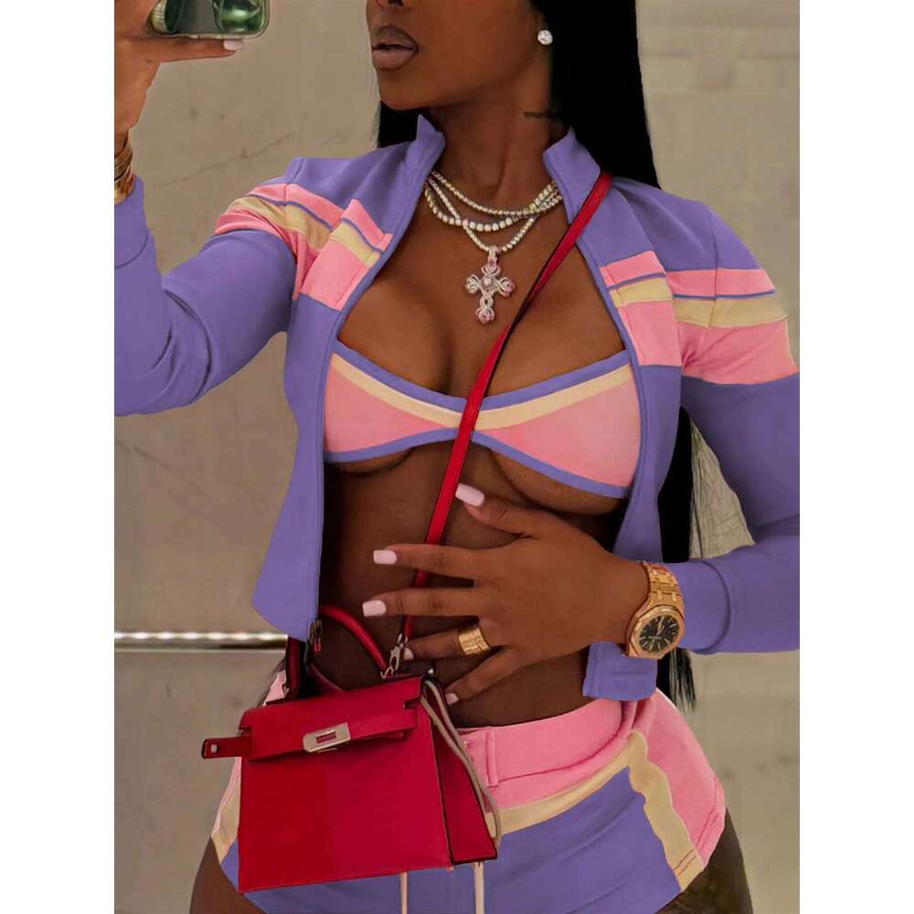 Weird Puss Colorful Print 3 Piece Set Women Tracksuit Casual Zip Crop Tops+Bra+Shirring Shorts Matching Street Stretch Outfits