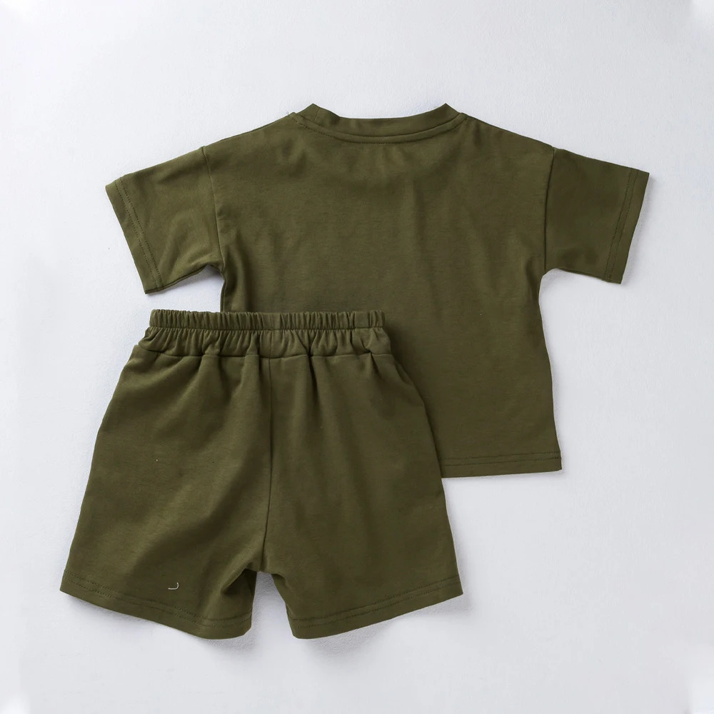 Summer Kids Solid Clothes Sets Short Sleeve Elastic Waist Shorts Cotton Outfits Toddler Girls Boys Tracksuits 250729