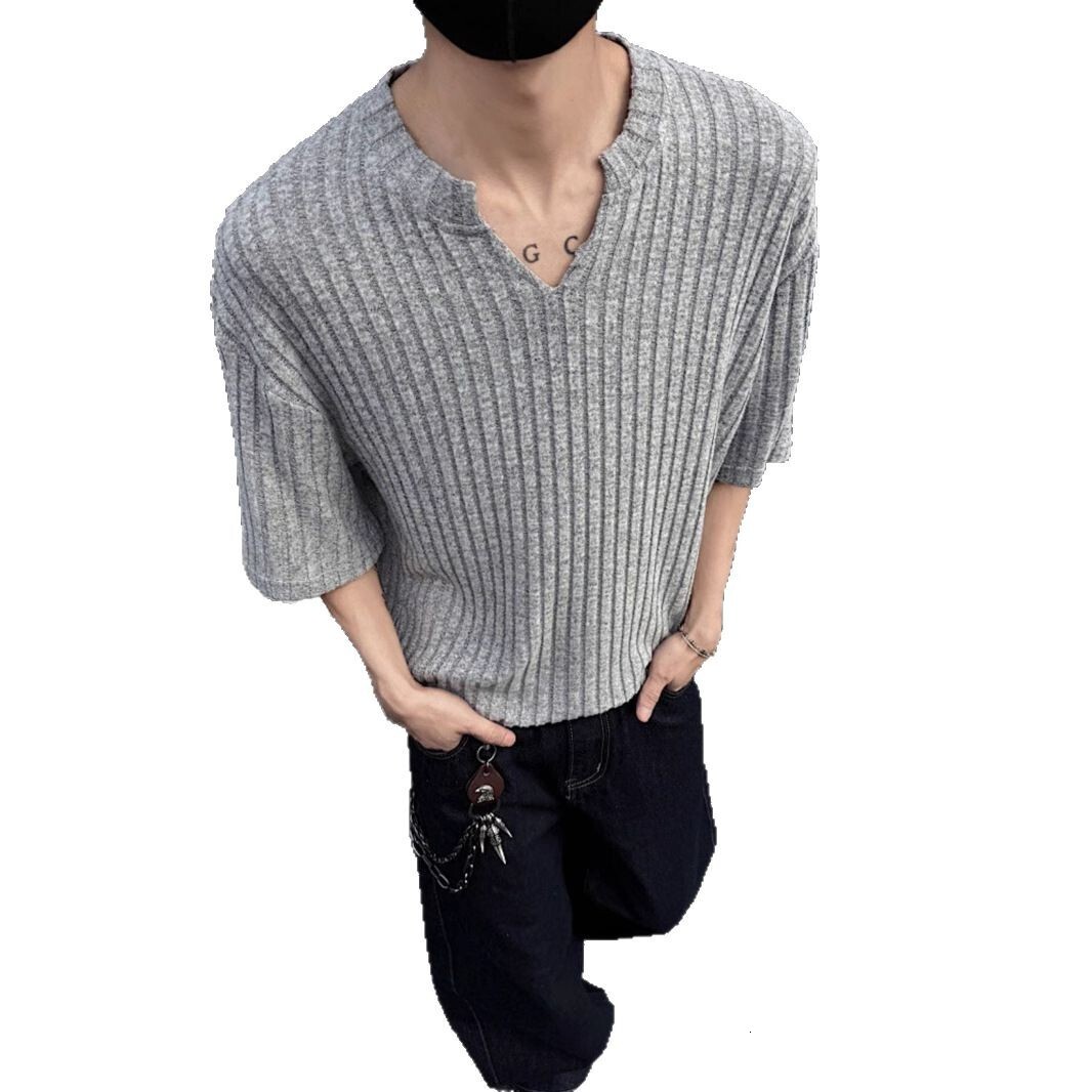V-neck Designer Short Sleeves Brushed High-end Short Sleeve T-shirt For Men, Summer New Ribbed Five-point Sleeve Cleanfit Textured T-shirt