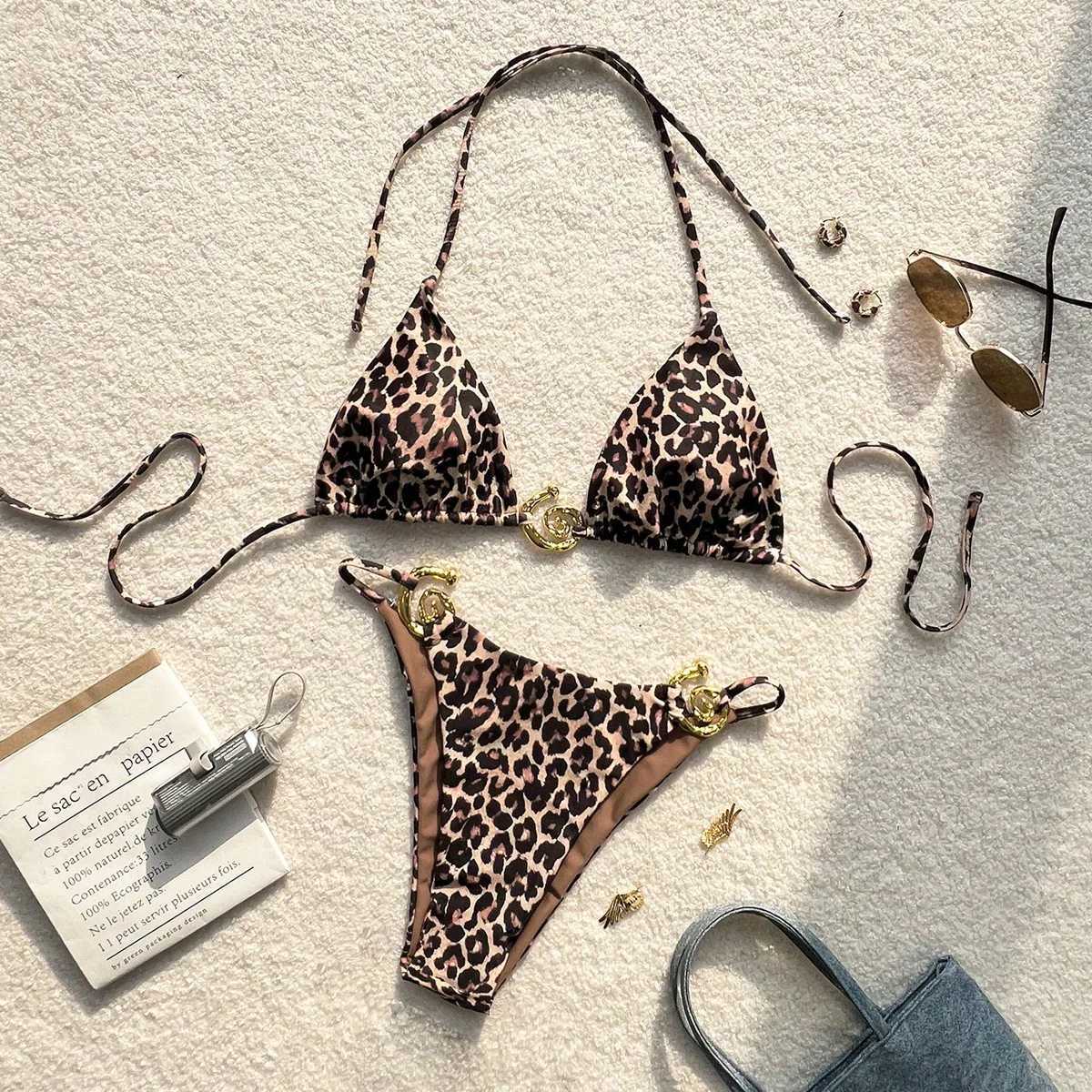 Leopard print bikini halterneck lace-up triangle small chest gathered split swimsuit is suitable for surfing vacations by the sea XJ250624