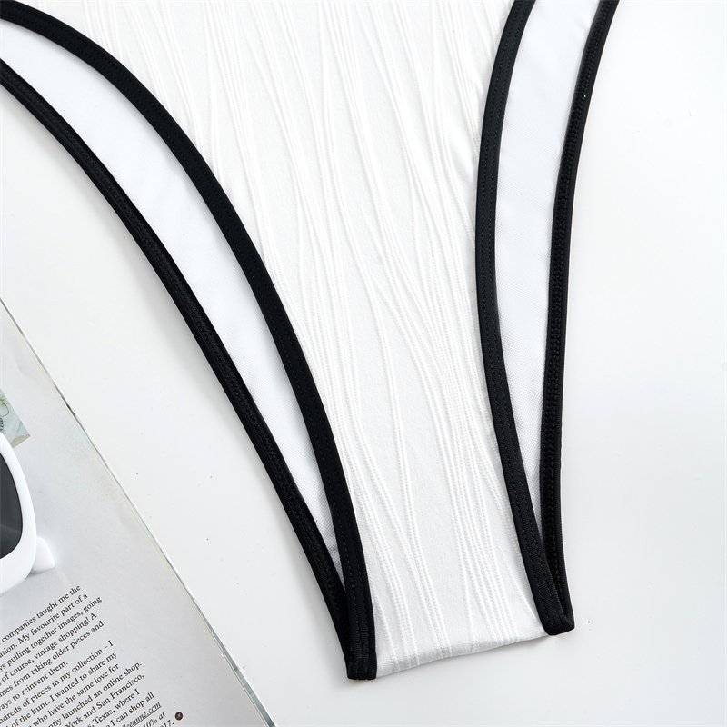 Stylish White Women Flower Decor One Piece Swimsuit Textured Hollow out Backless Swimwear Sexy Monokini Ladies Halter Neck Bathing Suits High Cut Beac