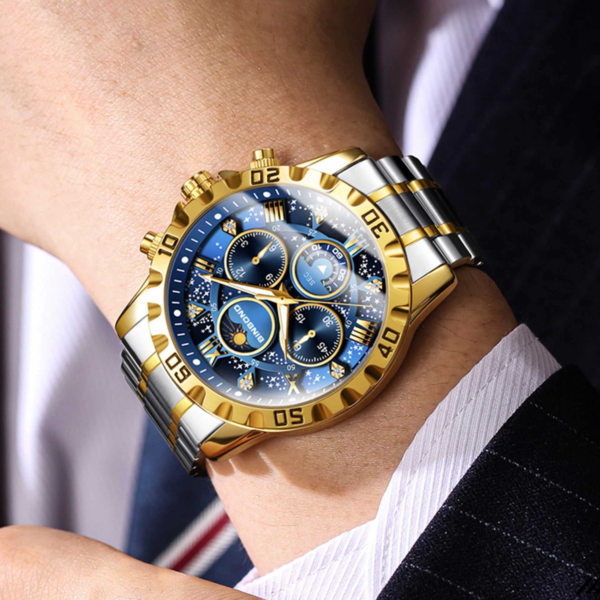 BINBOND Luxury Mens Watches Sports Quartz Wrist Watch for Man Waterproof Stainless Steel Luminous Chronograph Date Moon Phase W250704