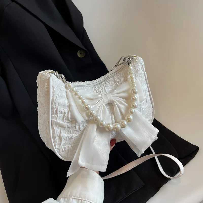 Pearl Female Bag Retro Luxury Designer Handbag Bow Crossbody Bags Fashion Canvas Womens 2024 Trend Shoulder Bag Underarm Bags XJ250704