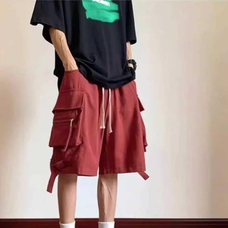 Loose Mens Bermuda Cargo Shorts with Draw String Short Pants for Men Elastic Waist Red Clothes Casual Distressed Beautiful Y2k W250705