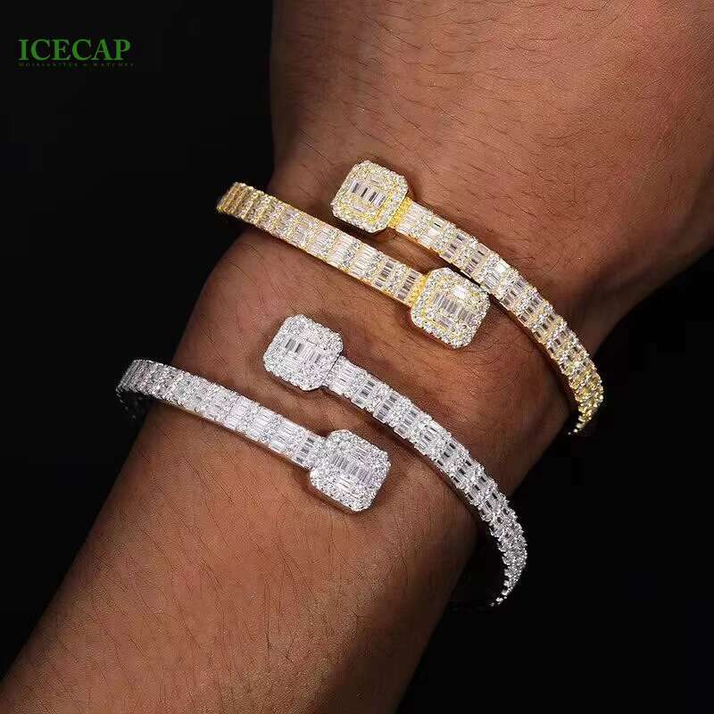 Custom VVS Baguette Moissanite Diamond Bangle Bracelet 925 Silver White Gold Plated Fine Jewelry Charm Bracelet for Women